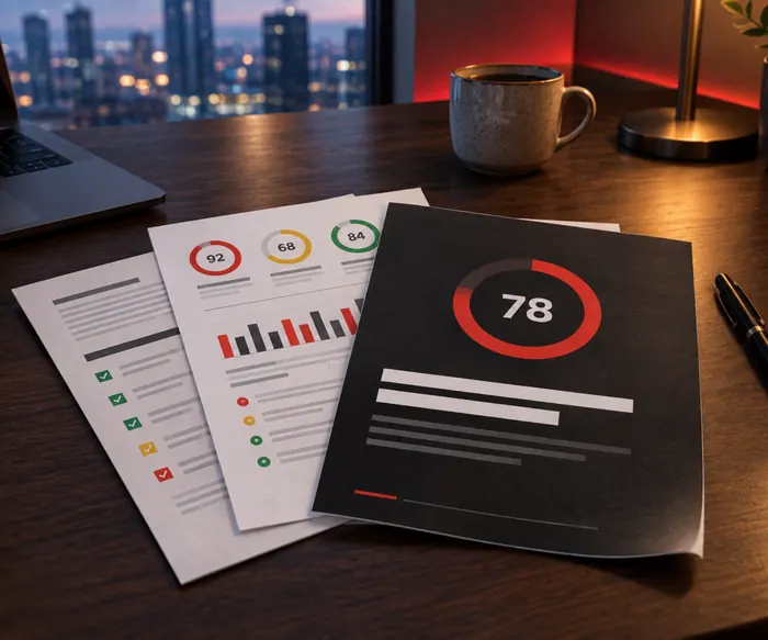 Relatório impresso da auditoria completa, com gráficos e checklist